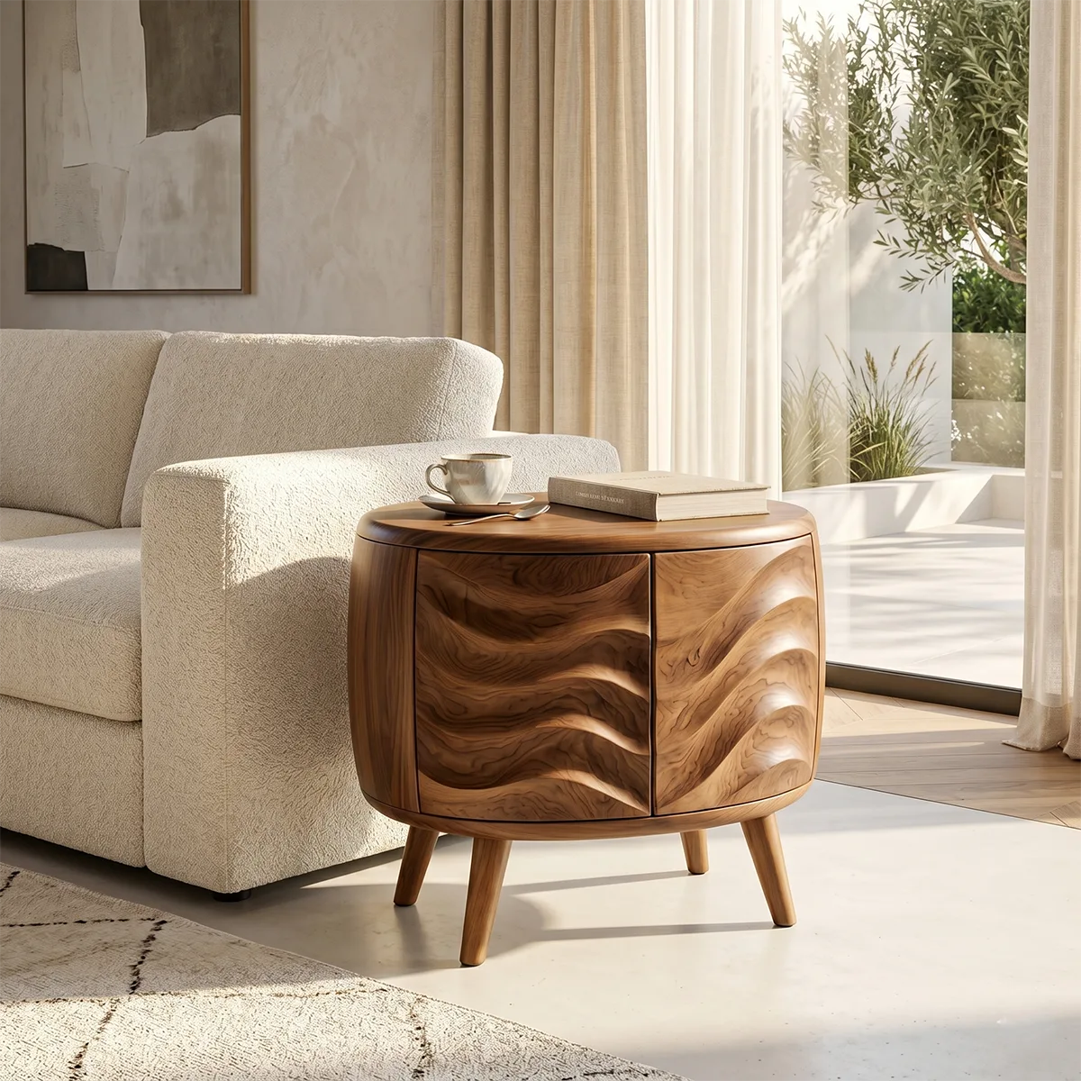 Round Accent End Table with Sculpted Front Panels and Concealed Storage TH003-7904