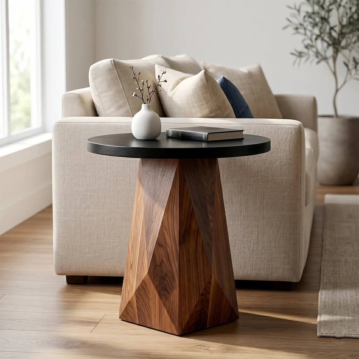 Round Solid Wood End Table | Handcrafted Pedestal Side Table with Black Top for Living Room & Bedroom TH003-3811