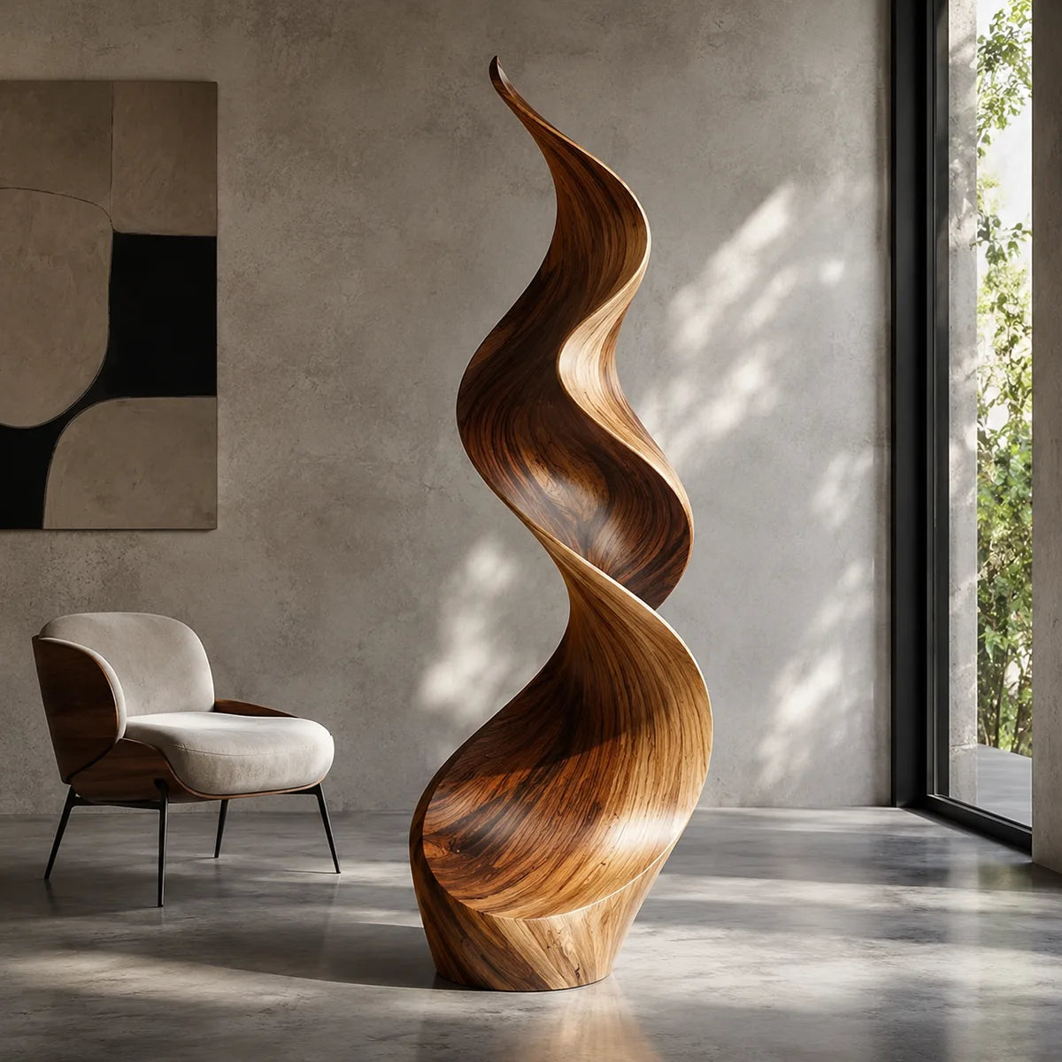 Handcrafted Solid Wood Flame Sculpture – Modern Organic Floor Art for Living Room TT006-7224