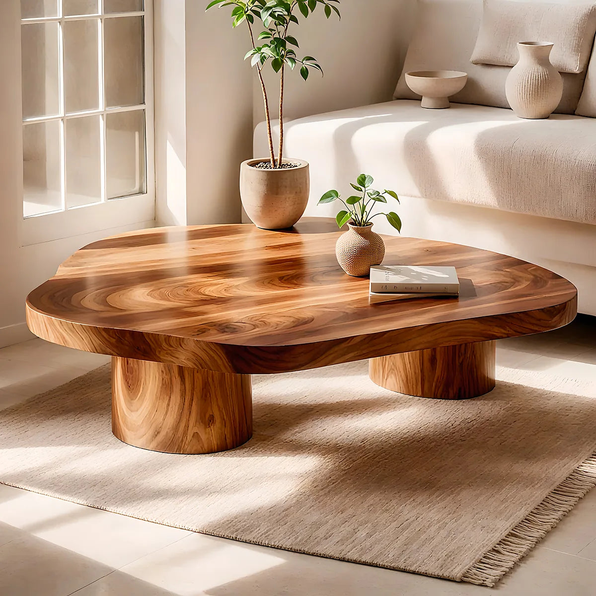 Organic Solid Wood Coffee Table | Freeform Hardwood Coffee Table with Dual Pedestal Base TT006-4716