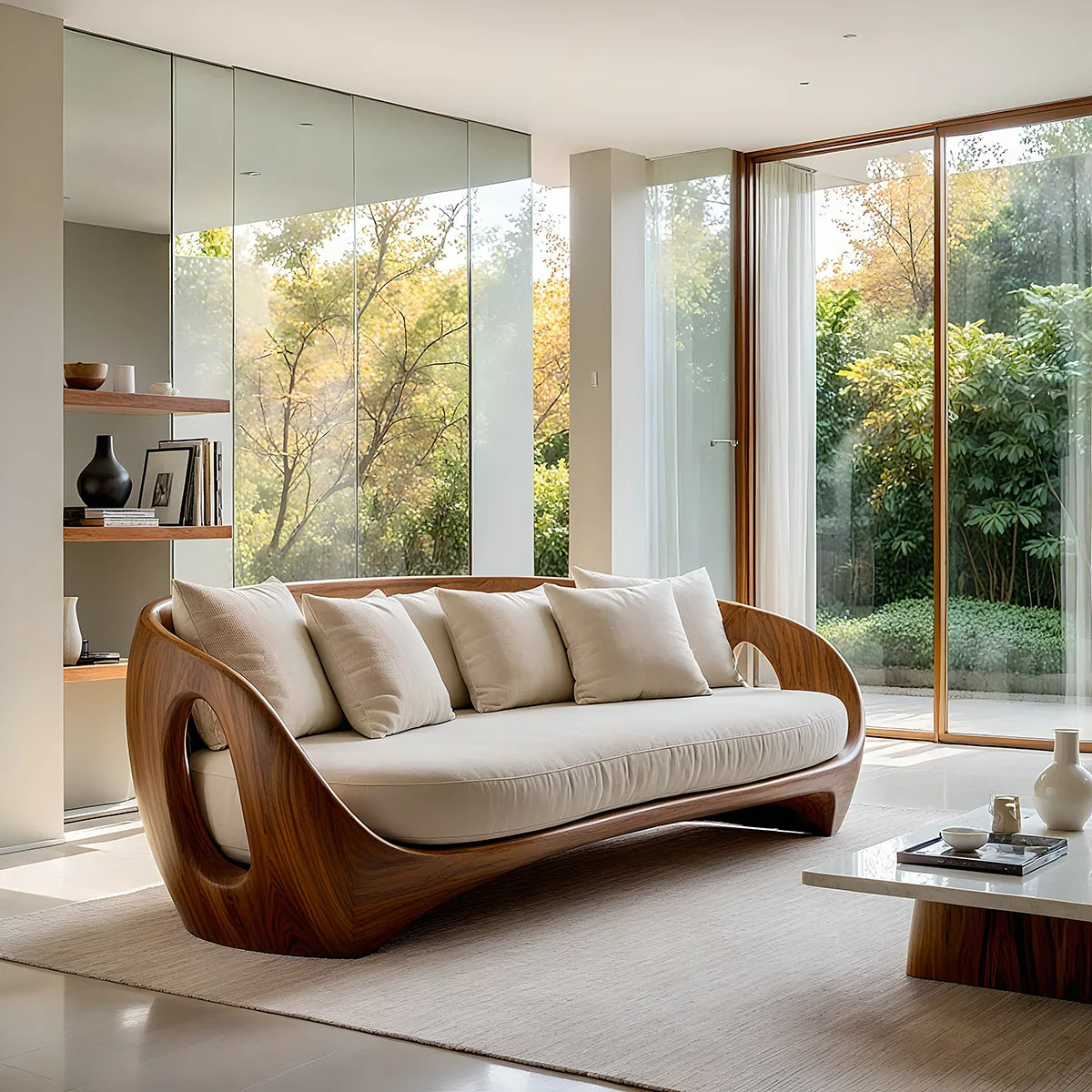 Luxury Organic Modern Sculptural Solid Wood Sofa with Curved Frame