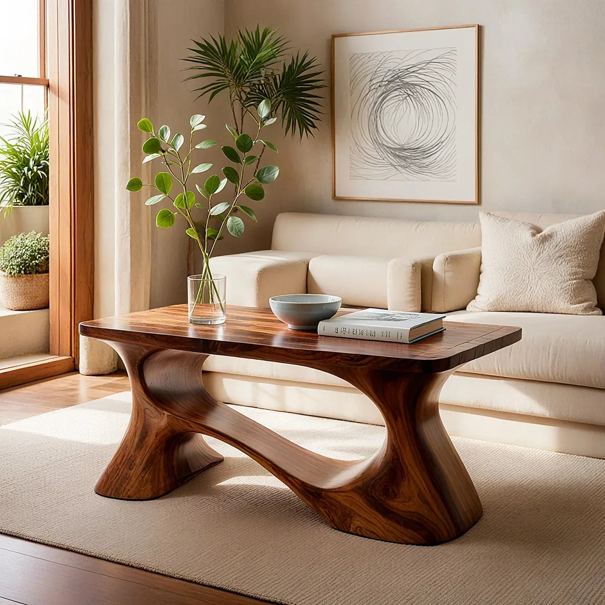 Handcrafted Solid Wood Coffee Table with Sculptural Curved Base TT006-4462