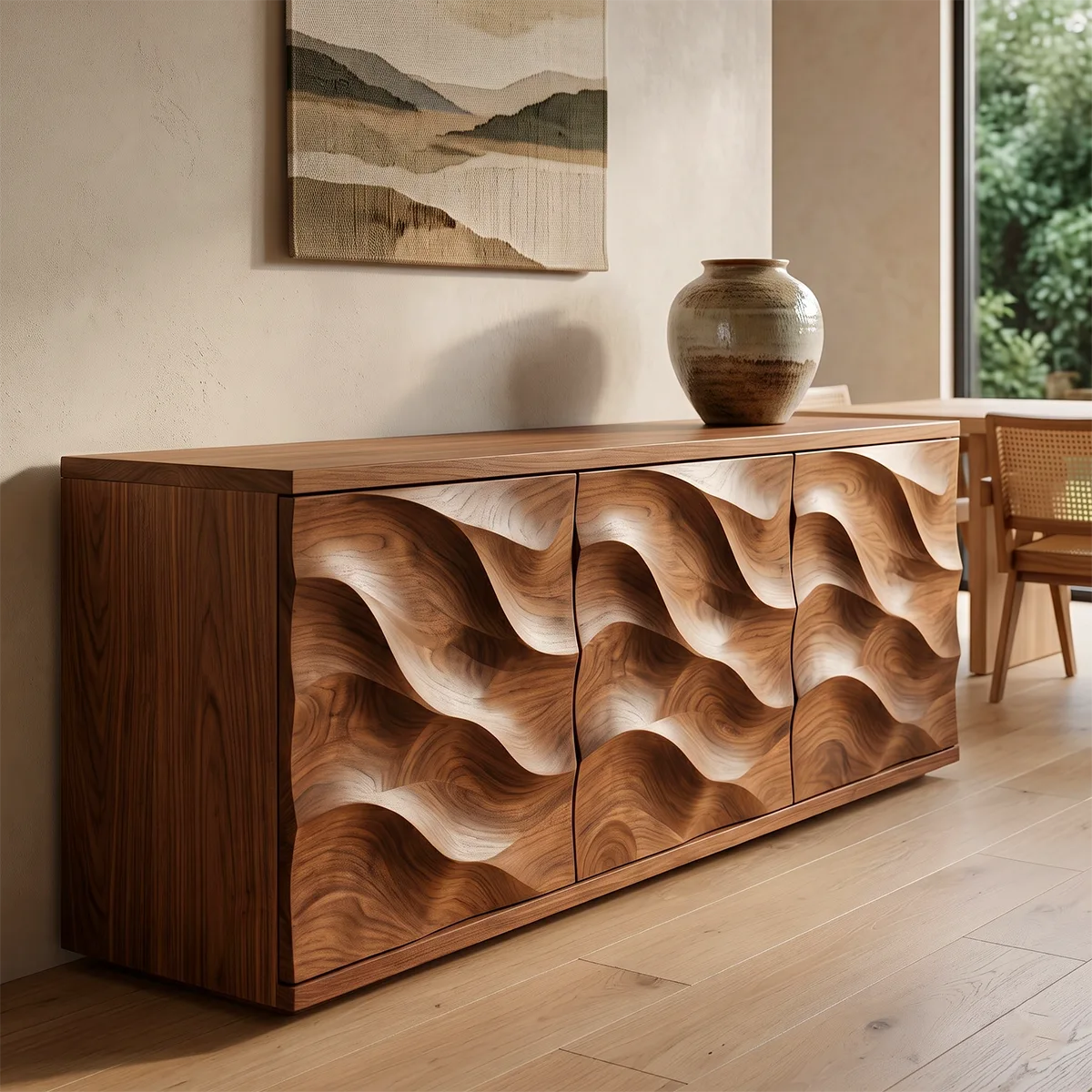Wave Carved Solid Wood Sideboard | Organic Modern Buffet Cabinet for Dining & Living Room TH003-1993