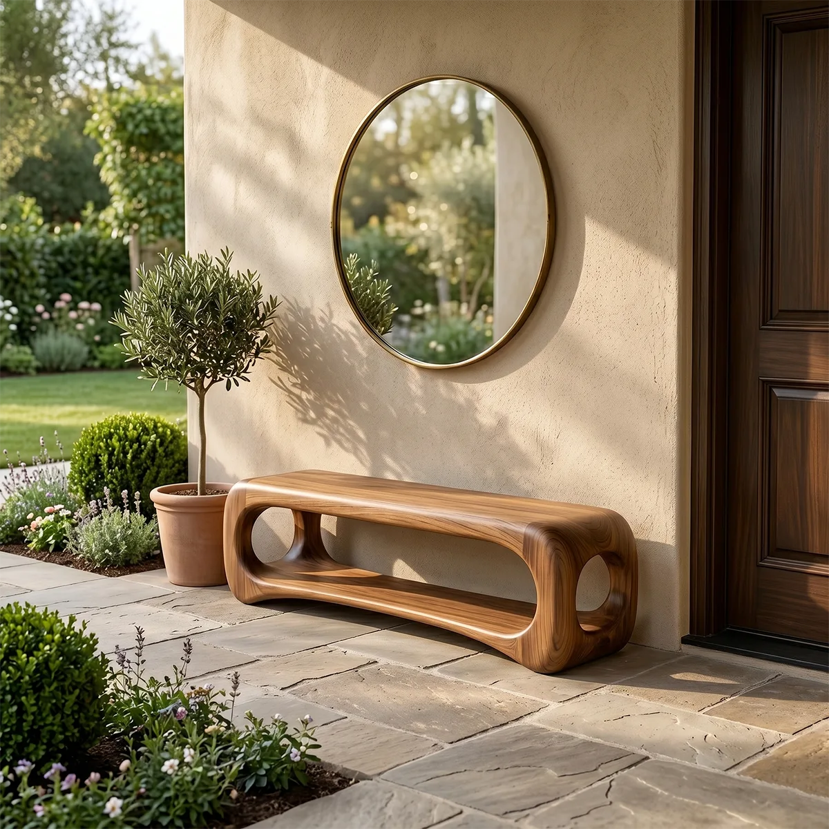 Organic Sculptural Entryway Bench with Integrated Open Shelf TH003-1182
