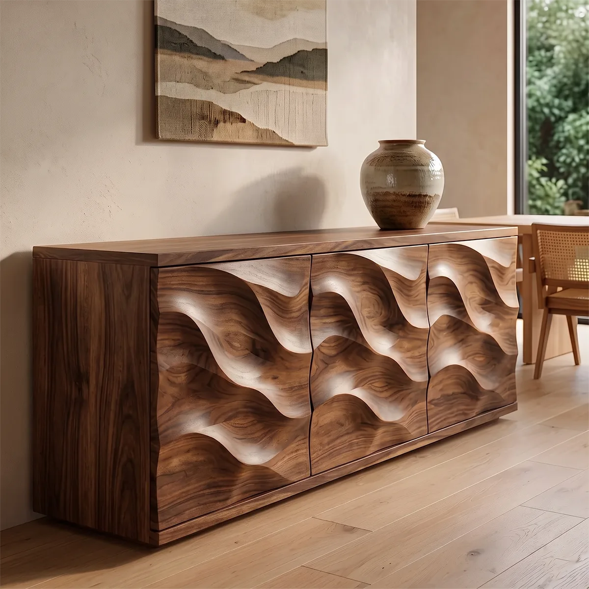 Wave Carved Solid Wood Sideboard | Organic Modern Buffet Cabinet for Dining & Living Room TH003-1993