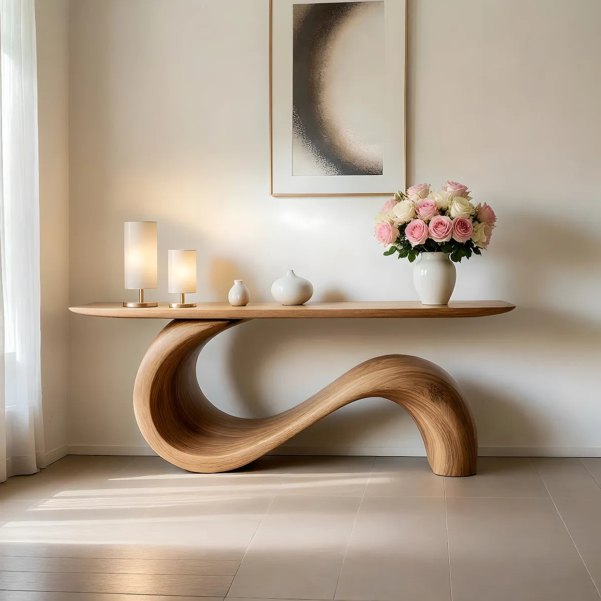 Sculptural Solid Wood Console Table with Flowing S-Curve Base