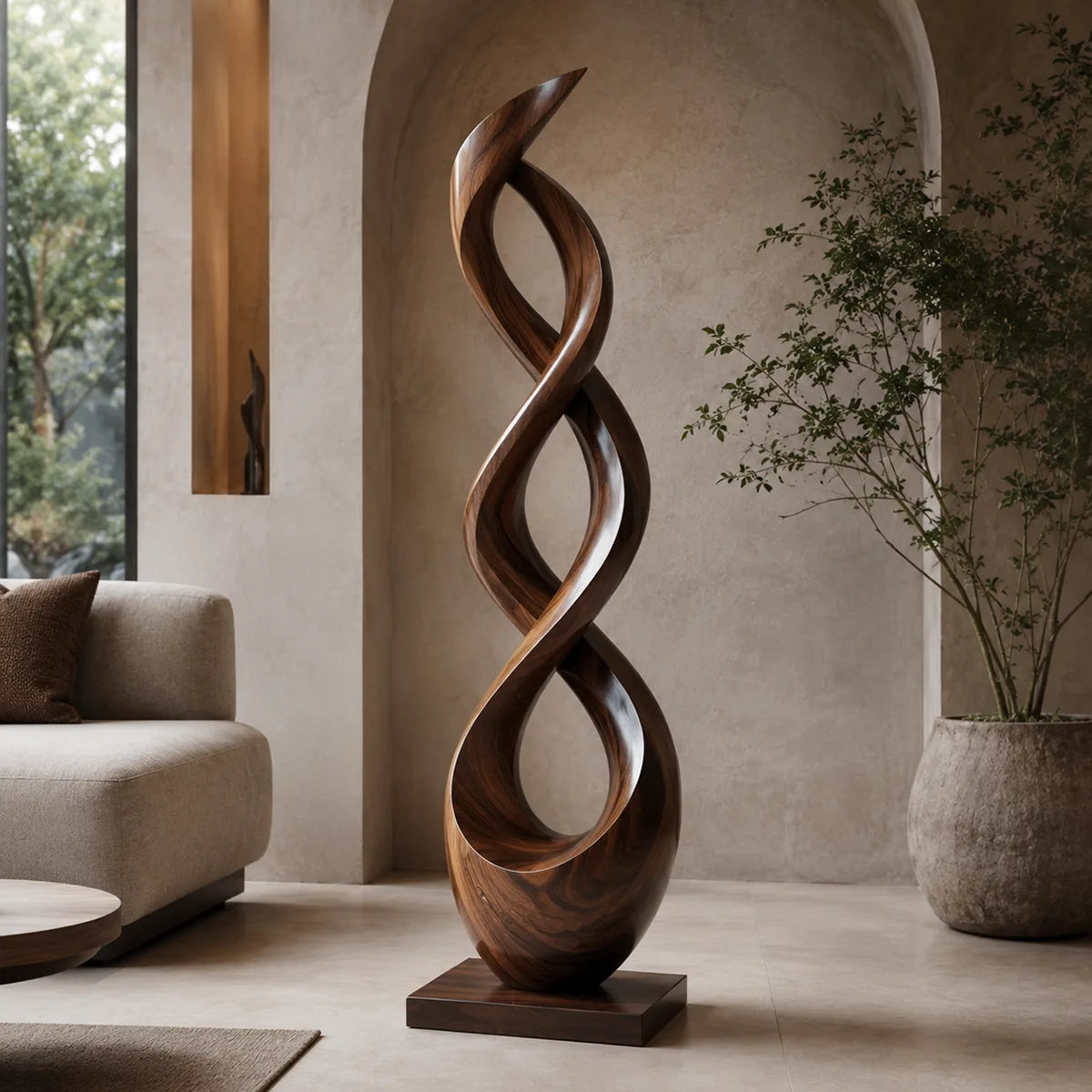 Handcrafted Solid Wood Double Helix Sculpture – Modern Organic Floor Art for Living Room TT006-9620