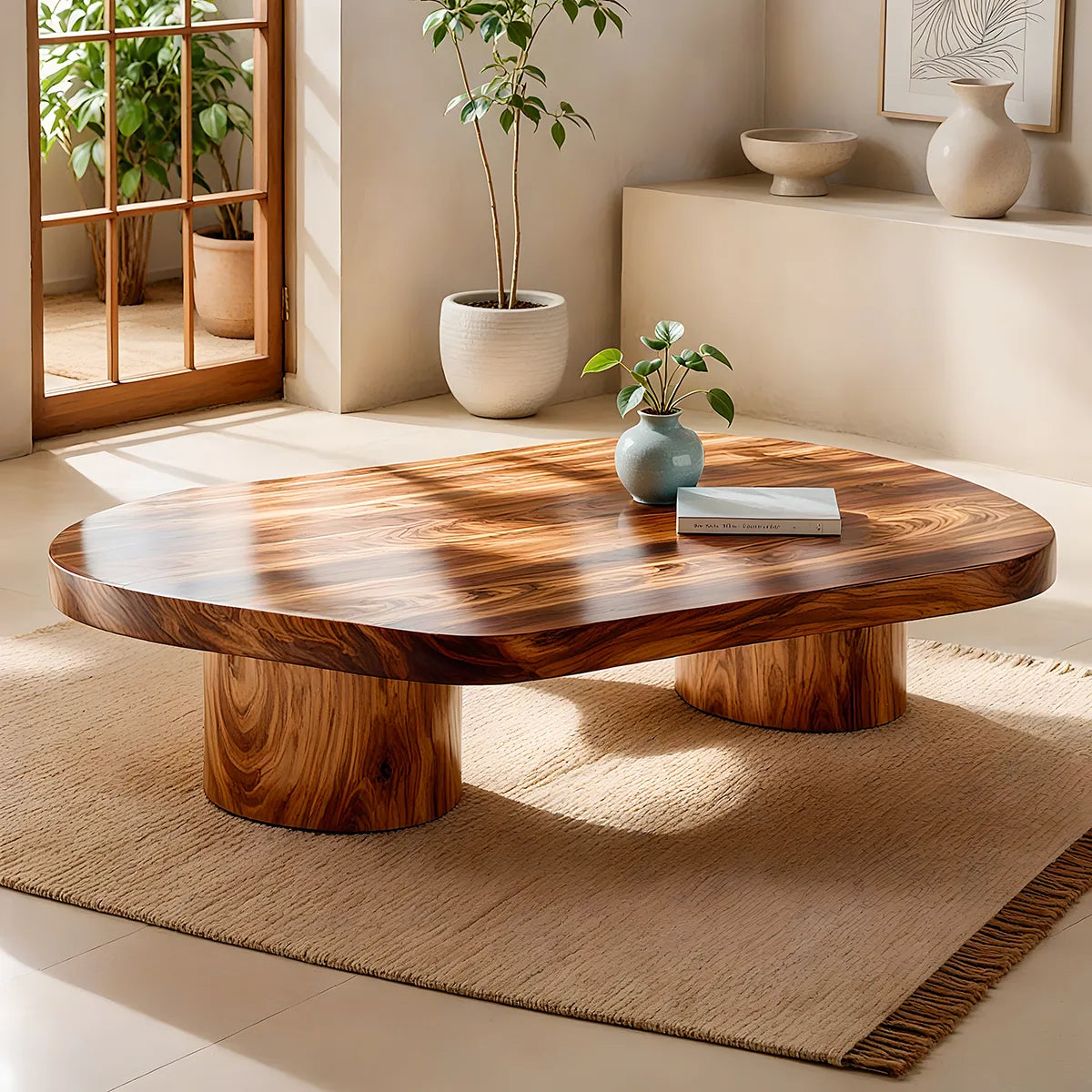 Organic Solid Wood Coffee Table | Modern Freeform Hardwood Coffee Table with Dual Pedestal Base TT006-7752