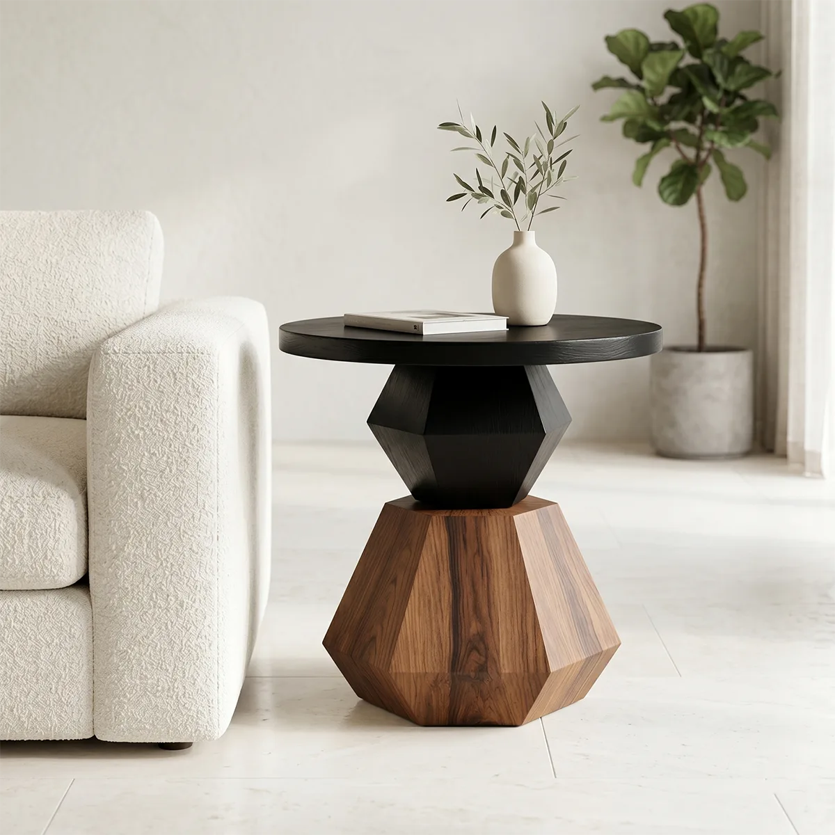 Modern Round Solid Wood End Table | Geometric Pedestal Side Table with Black Top TH003-3706