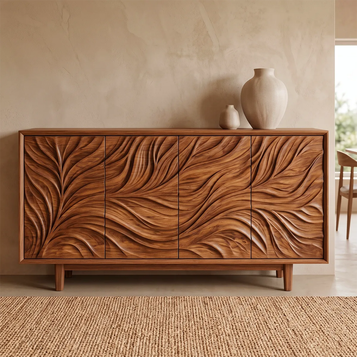 Leaf Carved Solid Wood Sideboard | Organic Modern Buffet Cabinet for Dining & Living Room TH003-7107