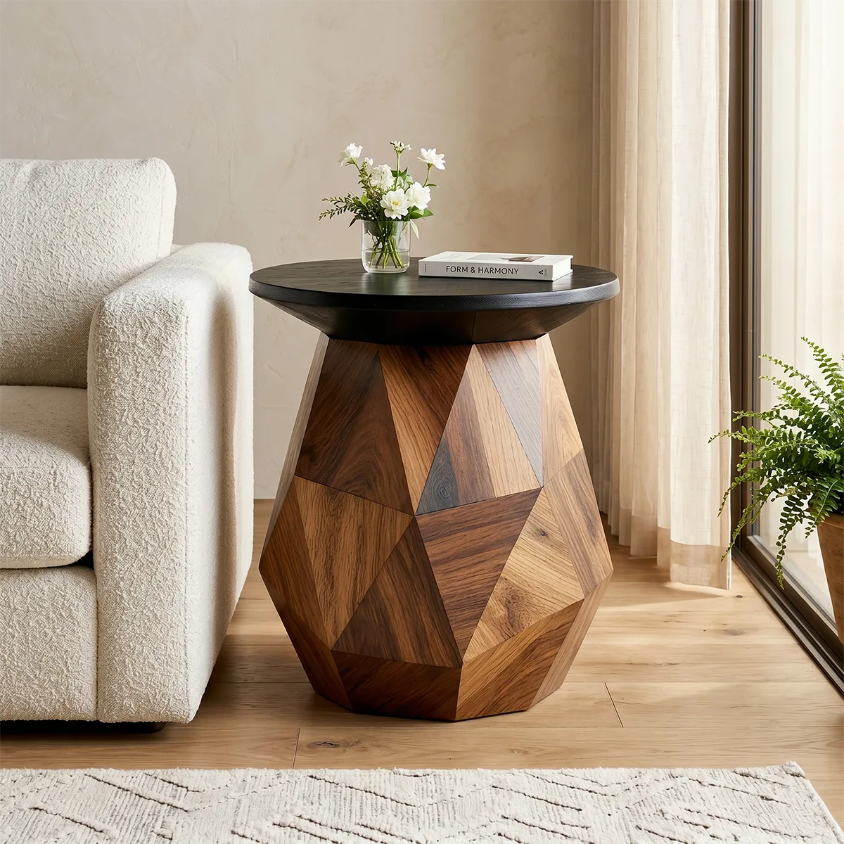 Modern Round Solid Wood End Table | Geometric Pedestal Side Table with Black Top TH003-4421