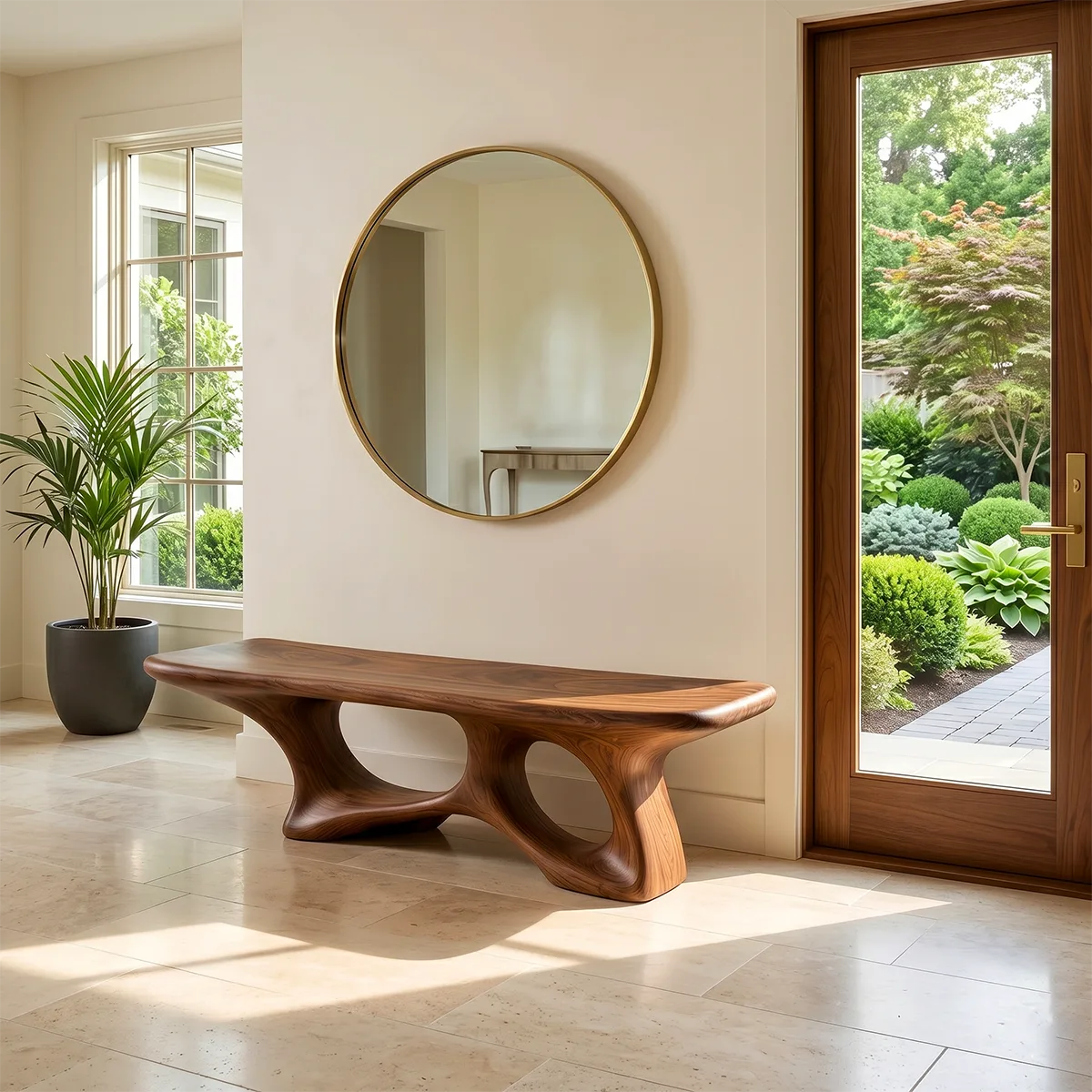Sculptural Entryway Bench, Organic Modern Bench with Architectural Openwork Base TH003-5014