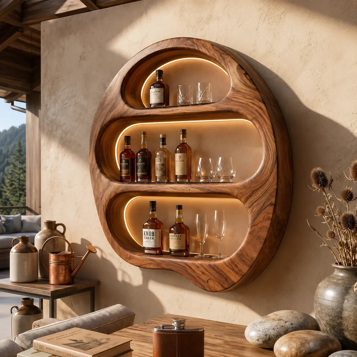 Sculptural Solid Wood Wall Wine Holder for Home Bars, Dining Rooms TT006-9525