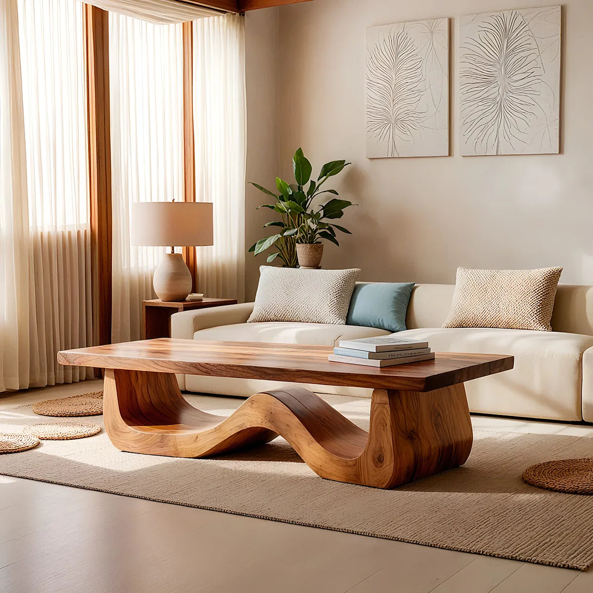 Sculptural Solid Wood Coffee Table – Handcrafted Modern Wave Base Table