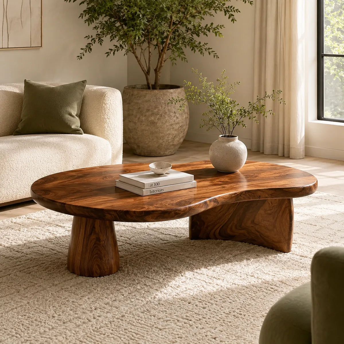 Organic Solid Wood Coffee Table | Freeform Hardwood Coffee Table with Sculptural Pedestal Base TT006-7466
