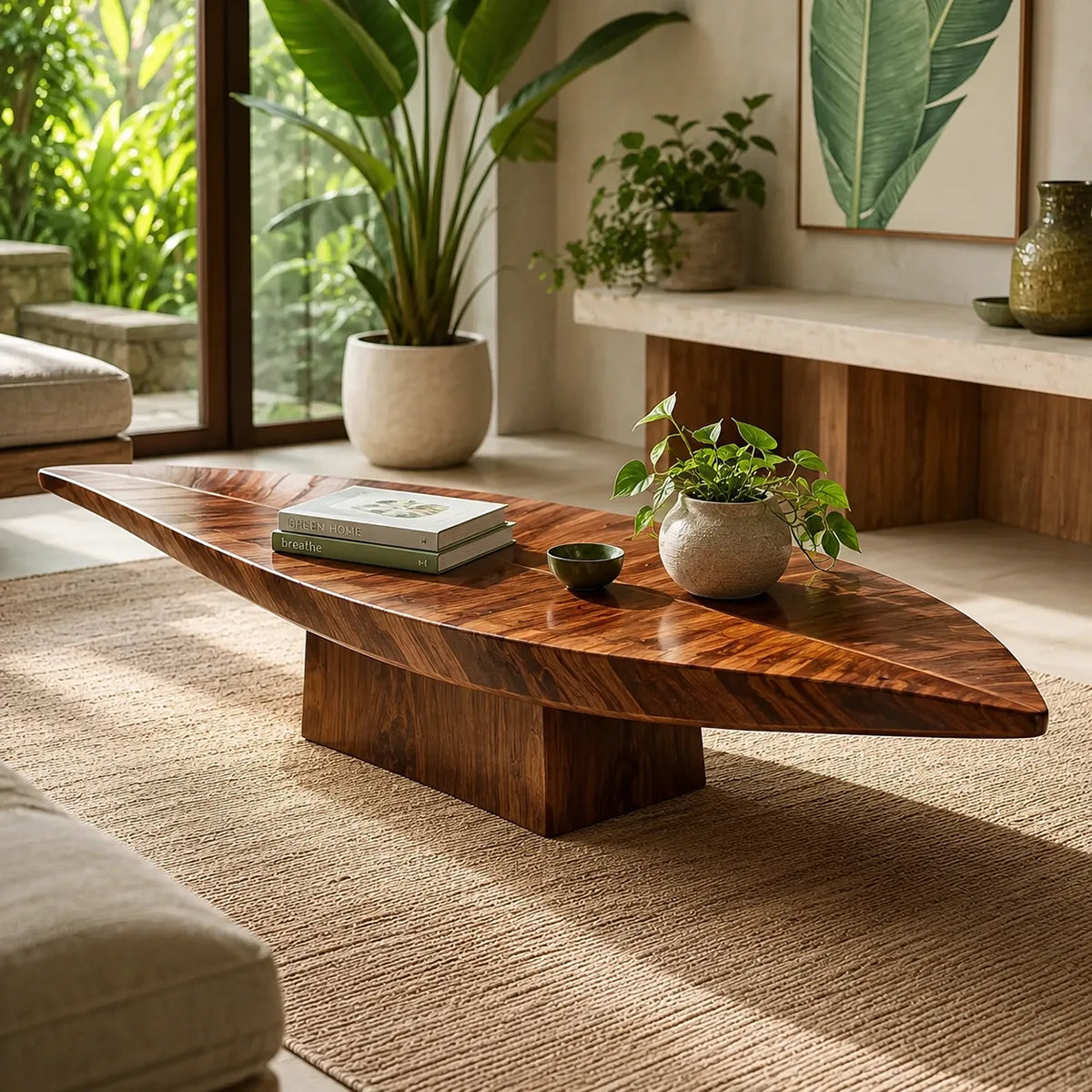 Organic Solid Wood Leaf Coffee Table | Freeform Hardwood Coffee Table with Sculptural Pedestal Base TT006-8380