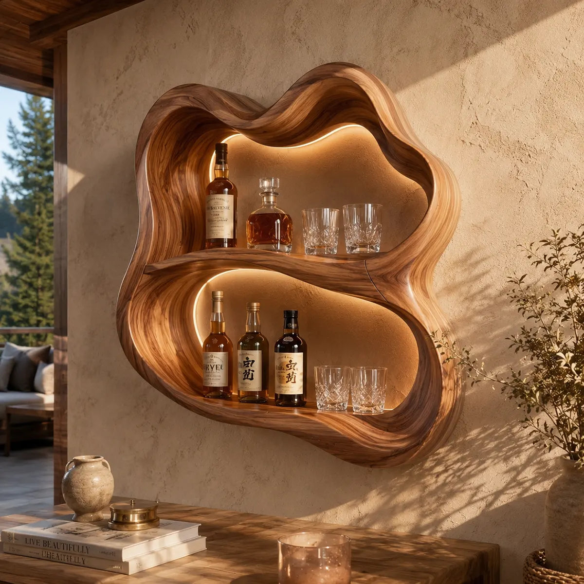 Sculptural Solid Wood Wall Wine Holder for Home Bars & Whiskey Lovers TT006-6450