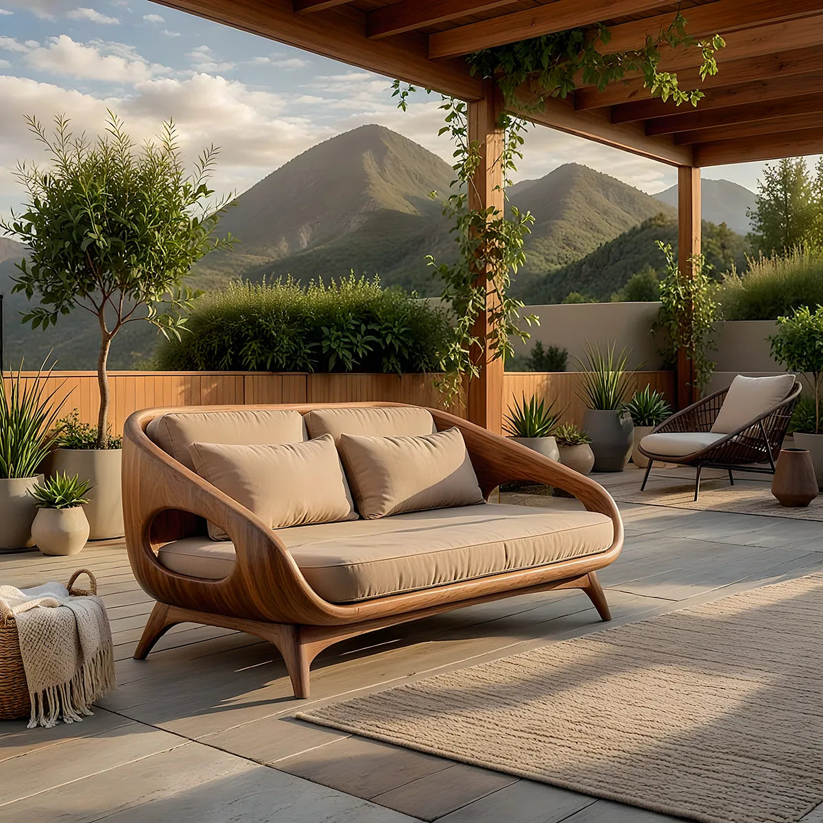 Luxury Organic Modern Outdoor Solid Wood Sofa with Sculptural Curves