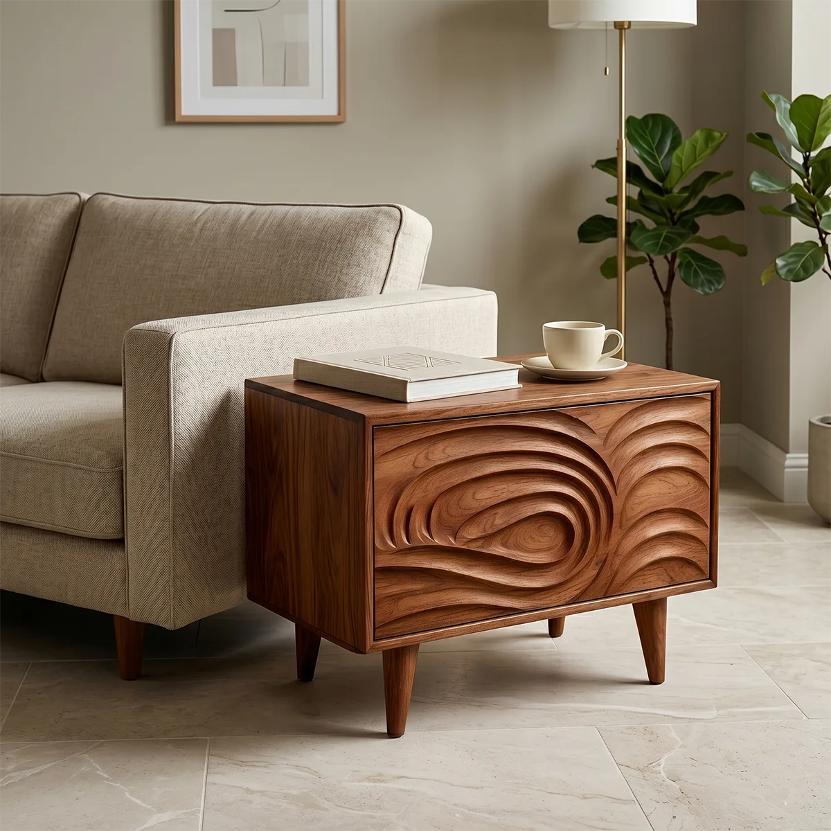 Modern Solid Wood End Table with Storage | Mid Century Nightstand with Carved Drawer TH003-2138