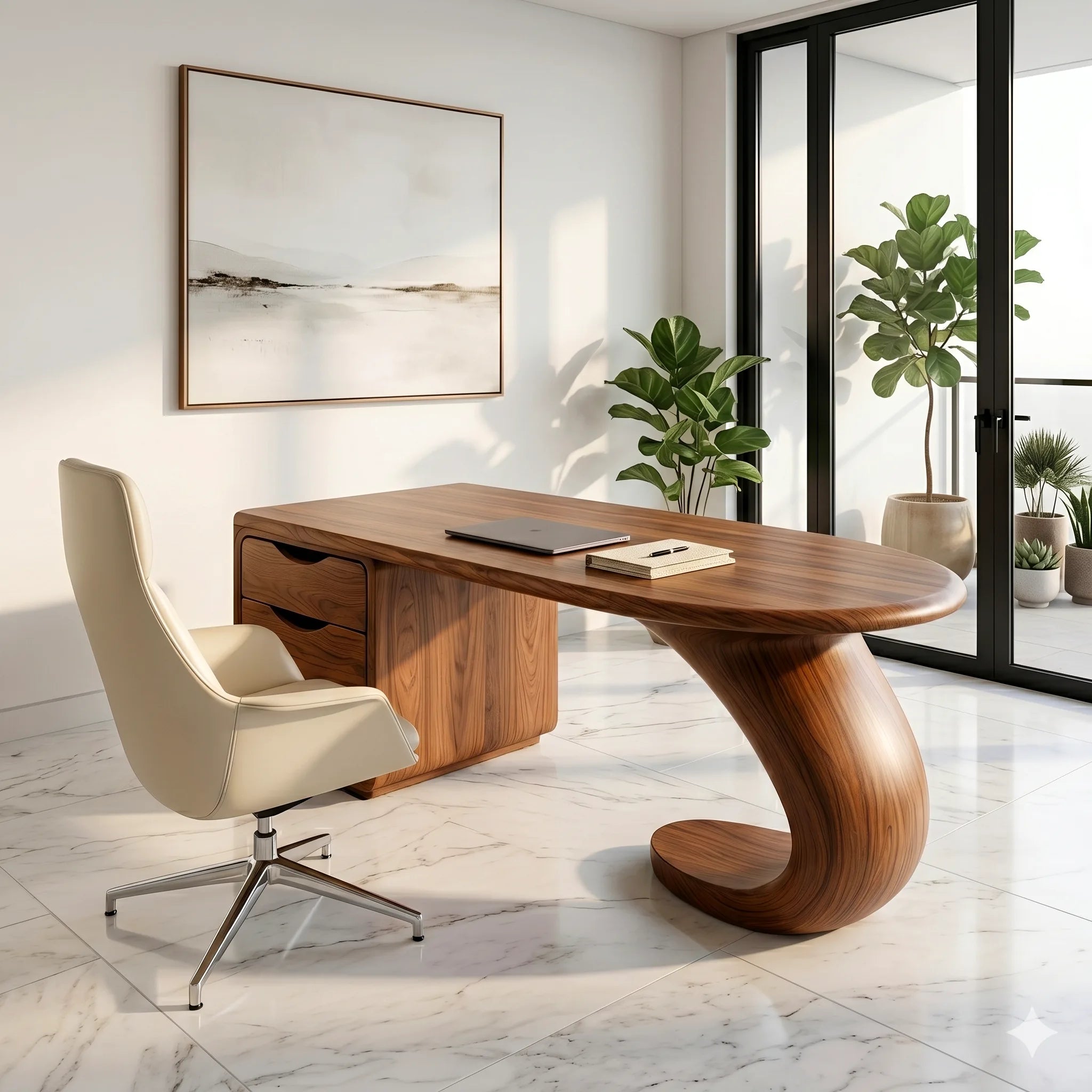 Sculptural Executive Desk | Modern Waterfall Office Desk with Storage TH003-5960