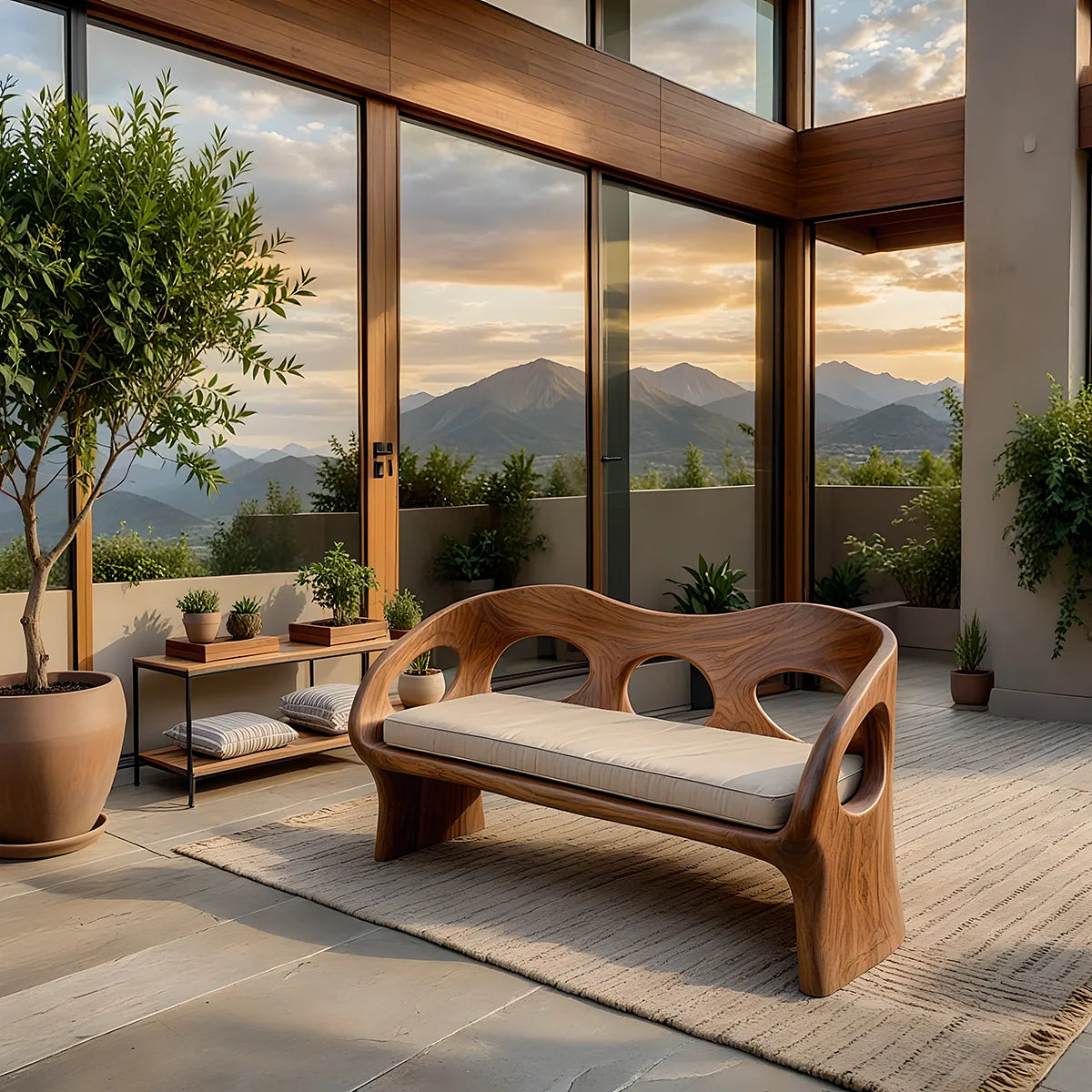 Luxury Organic Modern Outdoor Solid Wood Sofa with Sculptural Frame