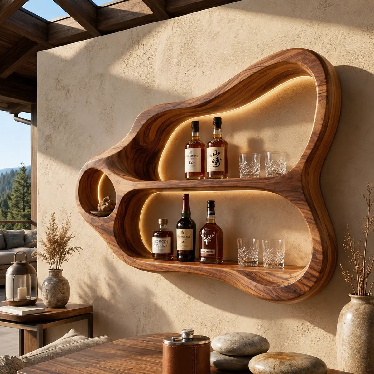 Sculptural Solid Wood Wall Wine Holder for Home Bars & Whiskey Collectors TT006-7510