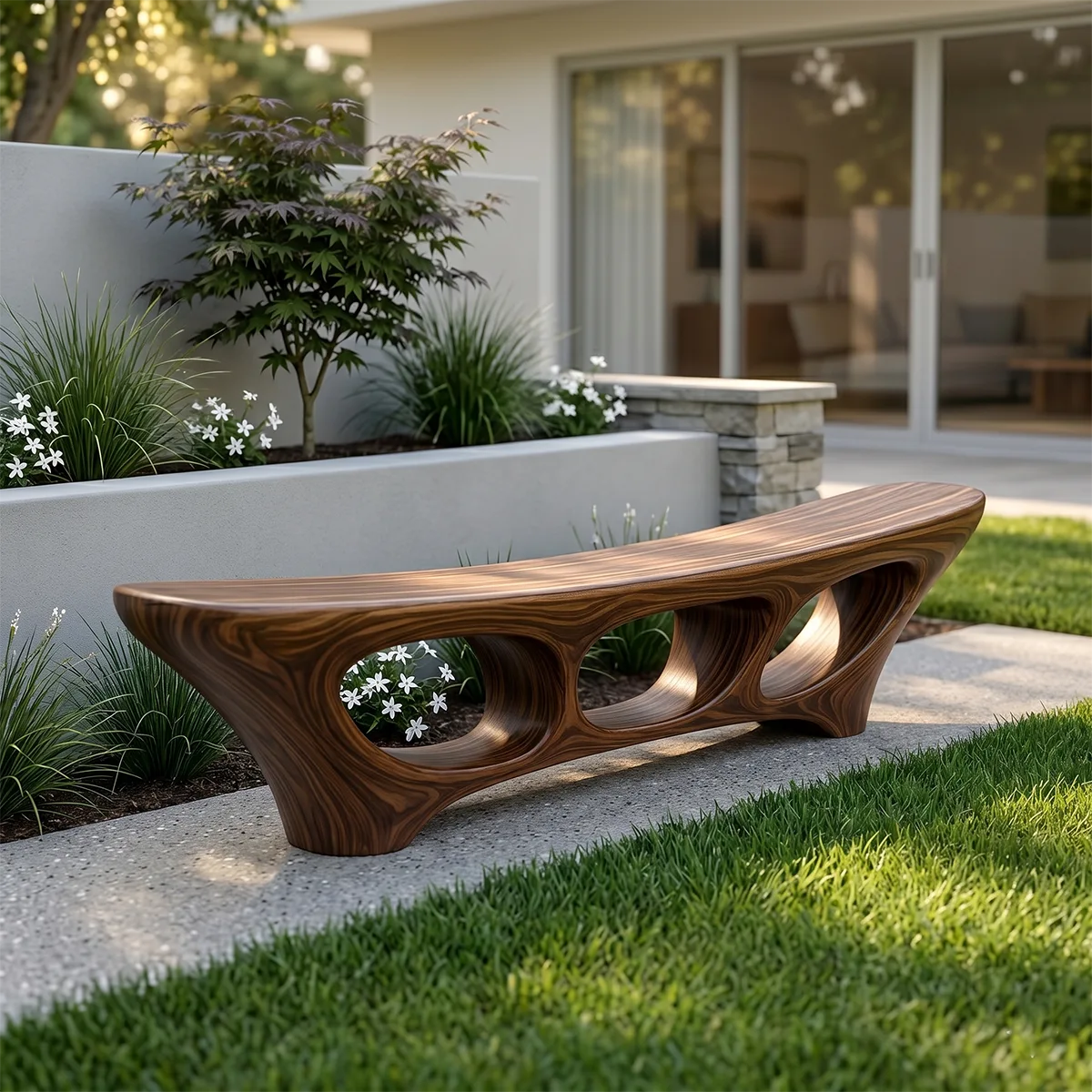 Organic Modern Outdoor Bench, Sculptural Hollow Form Garden Seating TH003-9028