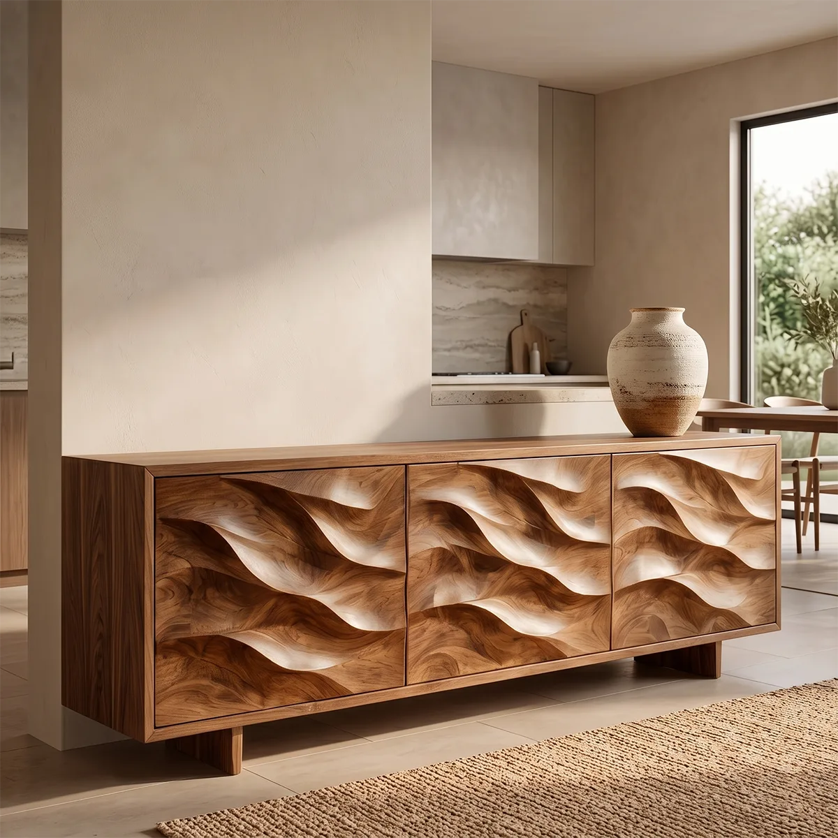 Wave Carved Solid Wood Sideboard | Organic Modern Buffet Cabinet for Dining & Living Room TH003-3569