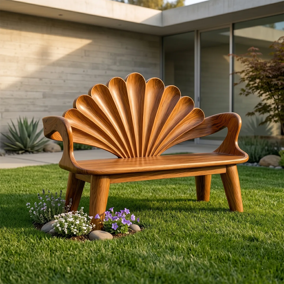 Decorative Fan Back Outdoor Bench with Sculptural Design TH003-3086
