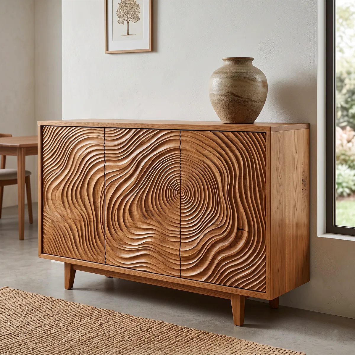 Tree Ring Carved Solid Wood Sideboard | Sculptural Buffet Cabinet for Organic Modern Interiors TH003-6042