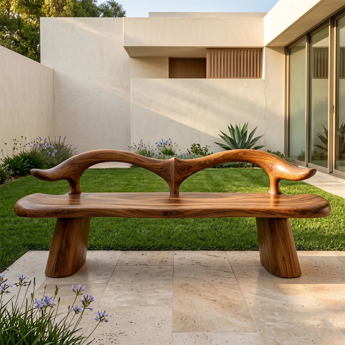 Organic Wave Back Garden Bench, Sculptural Wooden Outdoor Seating TH003-2770