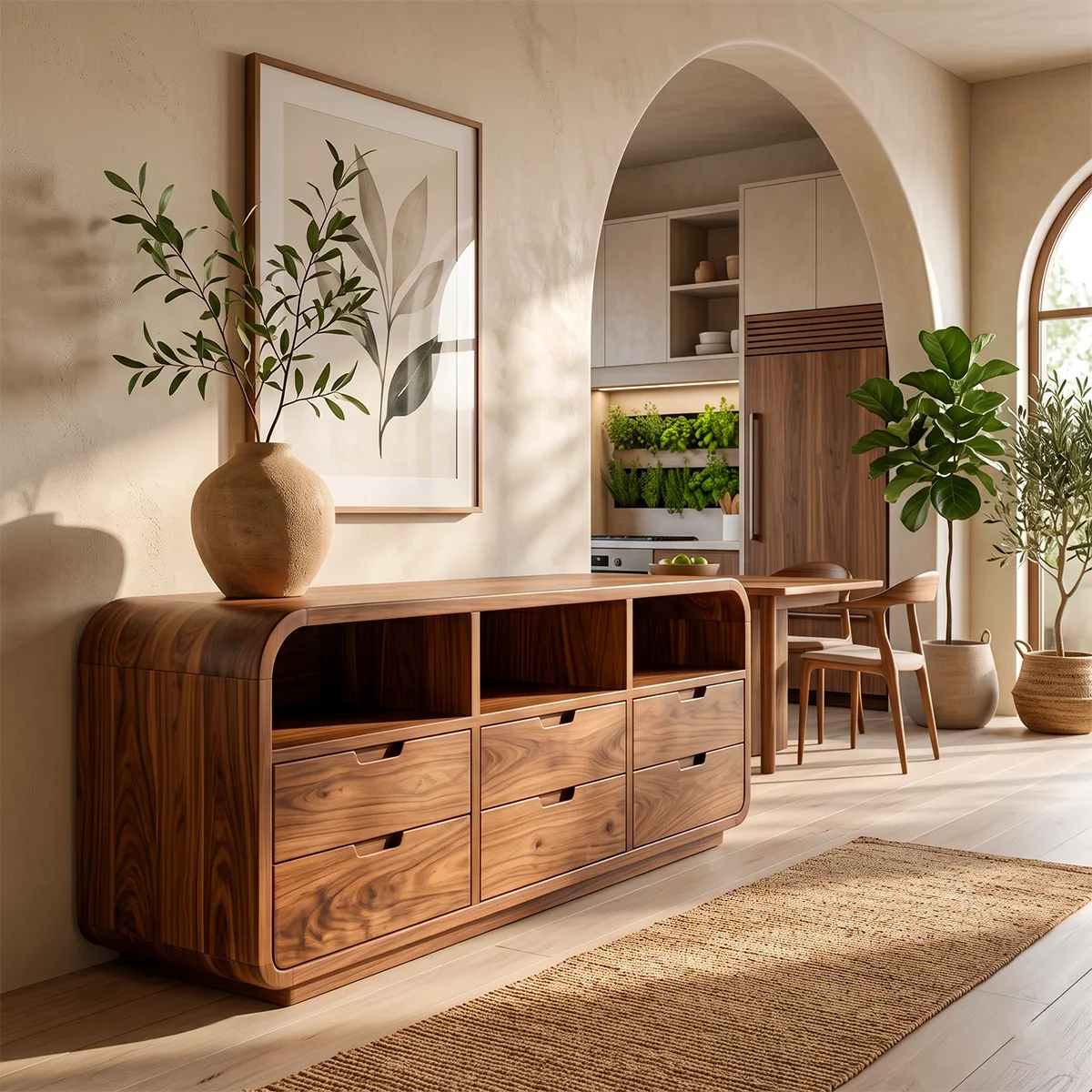 Modern Sideboard Cabinet | 6 Drawer Storage Cabinet with Open Shelves & Rounded Waterfall Design TH003-3023