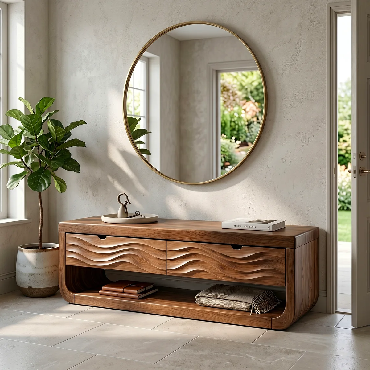 Contemporary Console Bench with Sculpted Wave Drawer Fronts TH003-7011