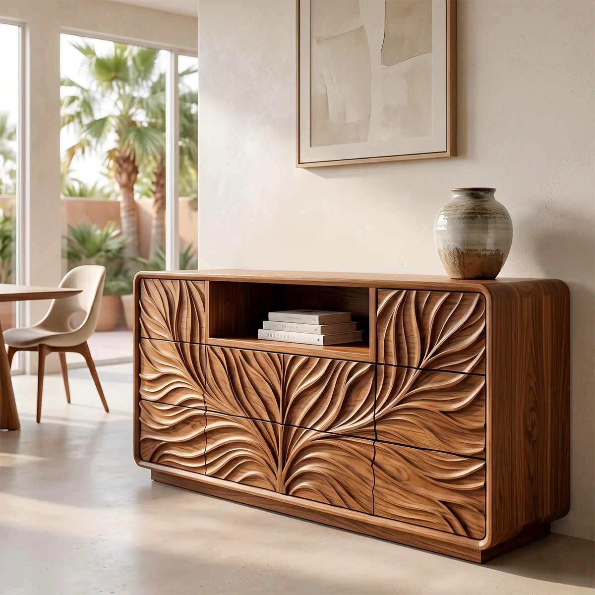 Modern Sideboard Cabinet | Leaf Carved Storage Cabinet with Open Shelf & 8 Drawers TH003-9785