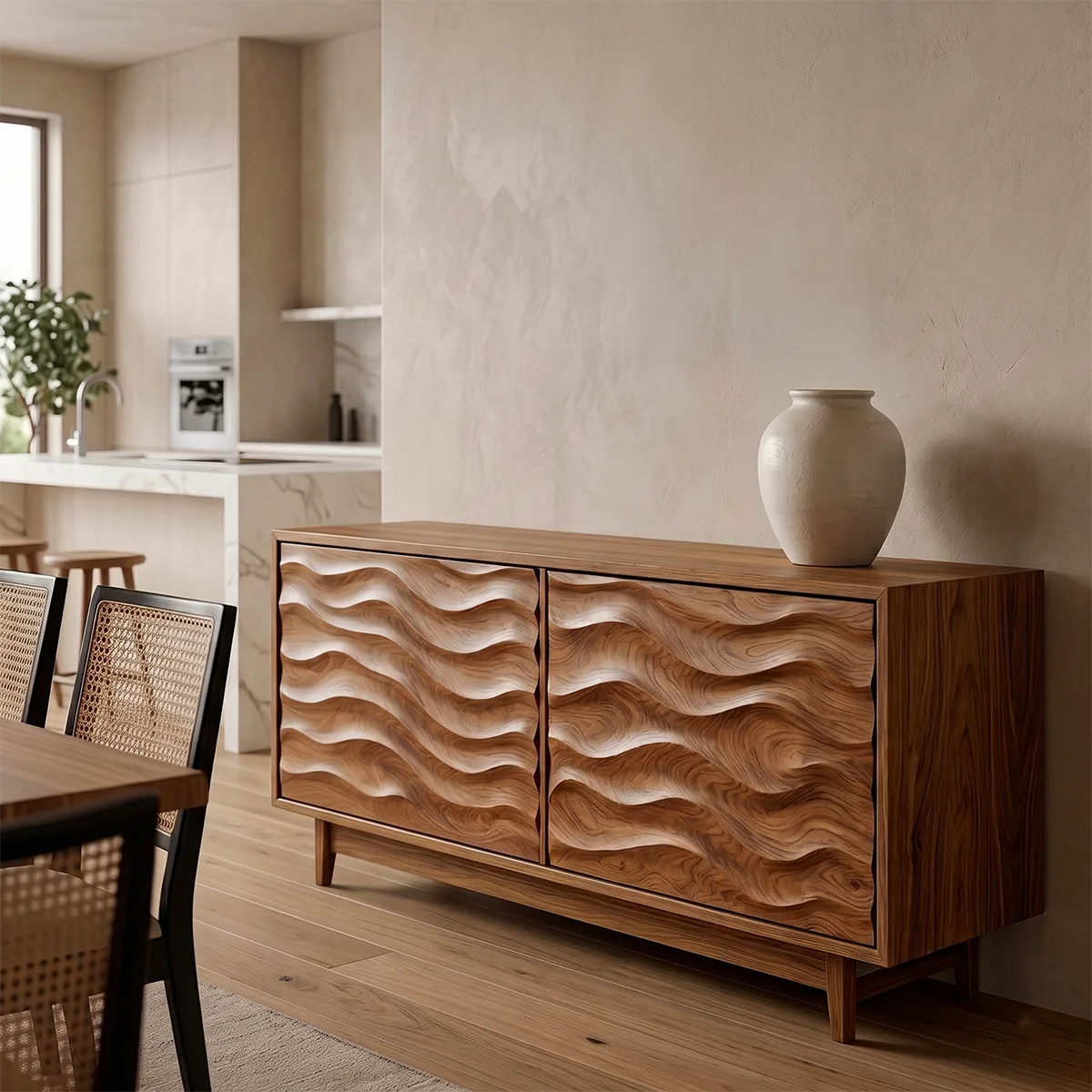 Wave Carved Solid Wood Sideboard | Modern Hardwood Storage Cabinet for Dining & Living Room TH003-6599