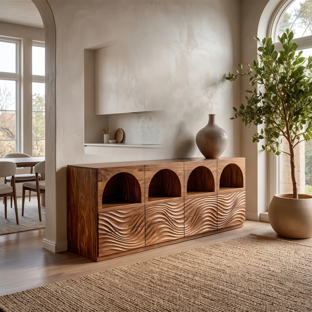 Modern Sideboard Cabinet | Wave Carved Buffet Cabinet with Open Shelves & Drawers TH003-8099