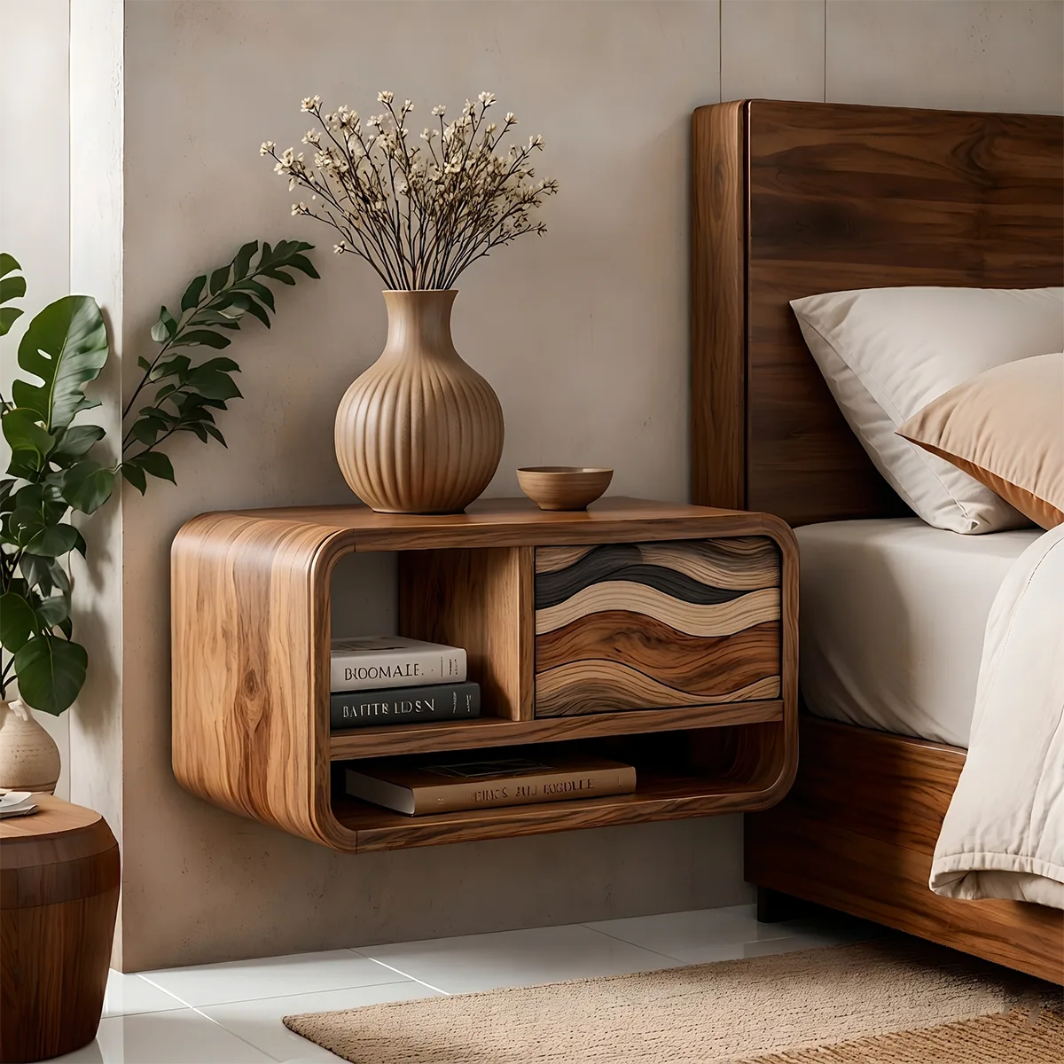 Floating Nightstand | Modern Curved Wall Mounted Bedside Table TH003-1336