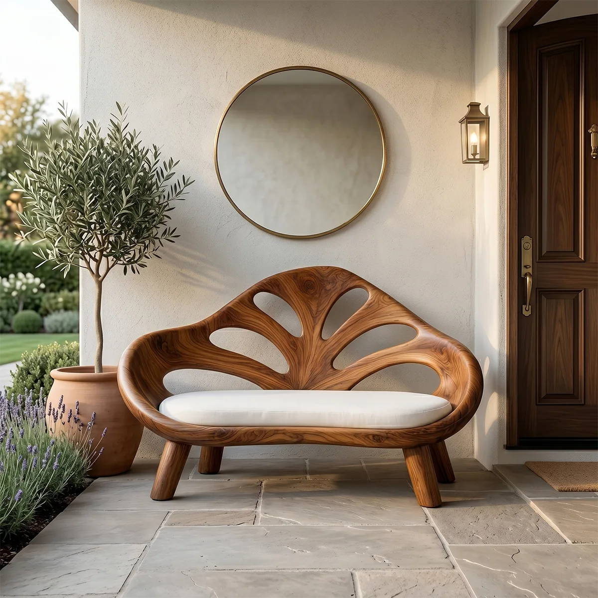 Organic Sculptural Wooden Bench with Artistic Openwork Backrest TH003-5206