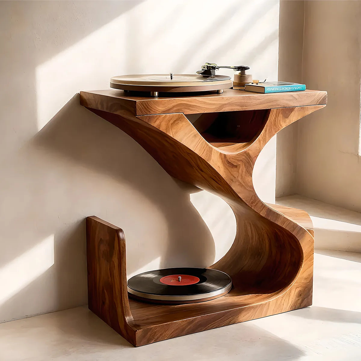 Organic Soft Wave Wood Record Player Table | Stand Only
