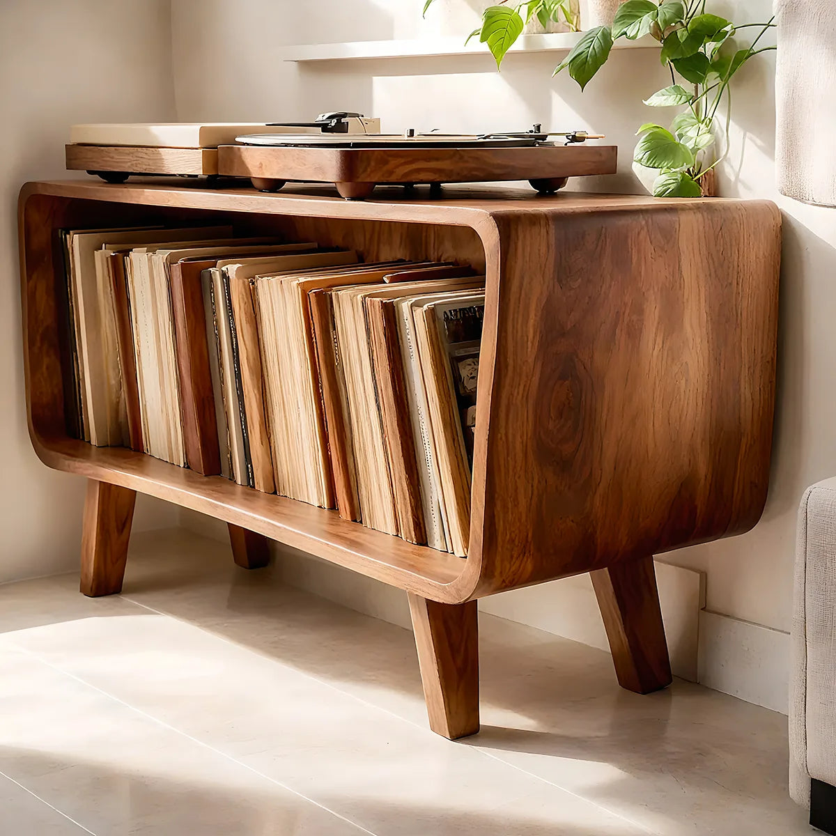 Mid-Century Solid Wood Record Storage Console, Media Player Stand For Home Decor