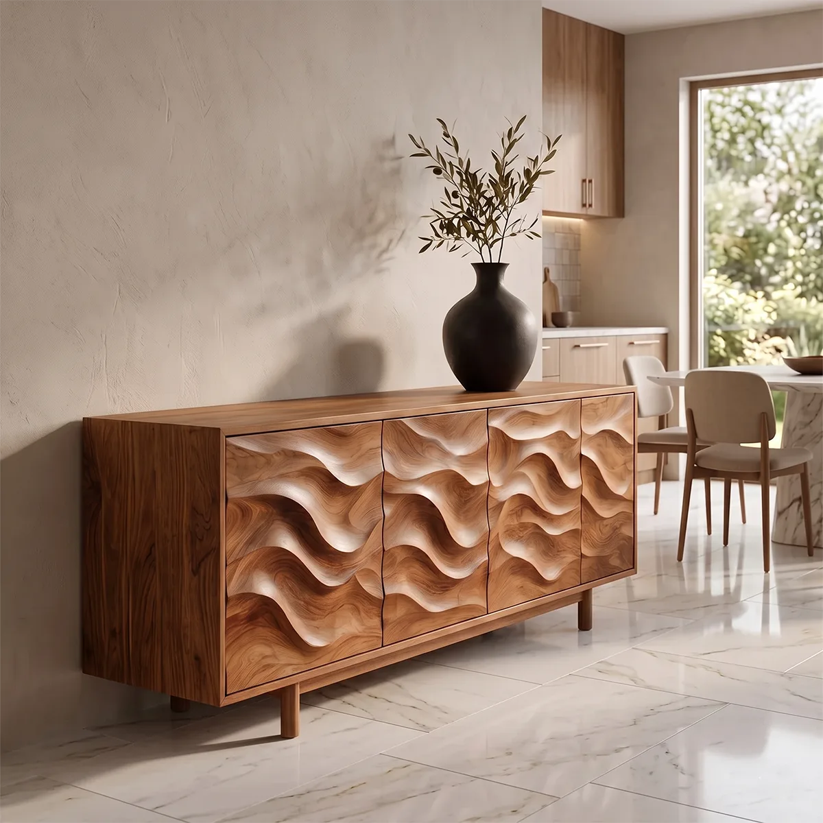 Wave Carved Solid Wood Sideboard | Modern Hardwood Buffet Cabinet for Dining & Living Room TH003-6641