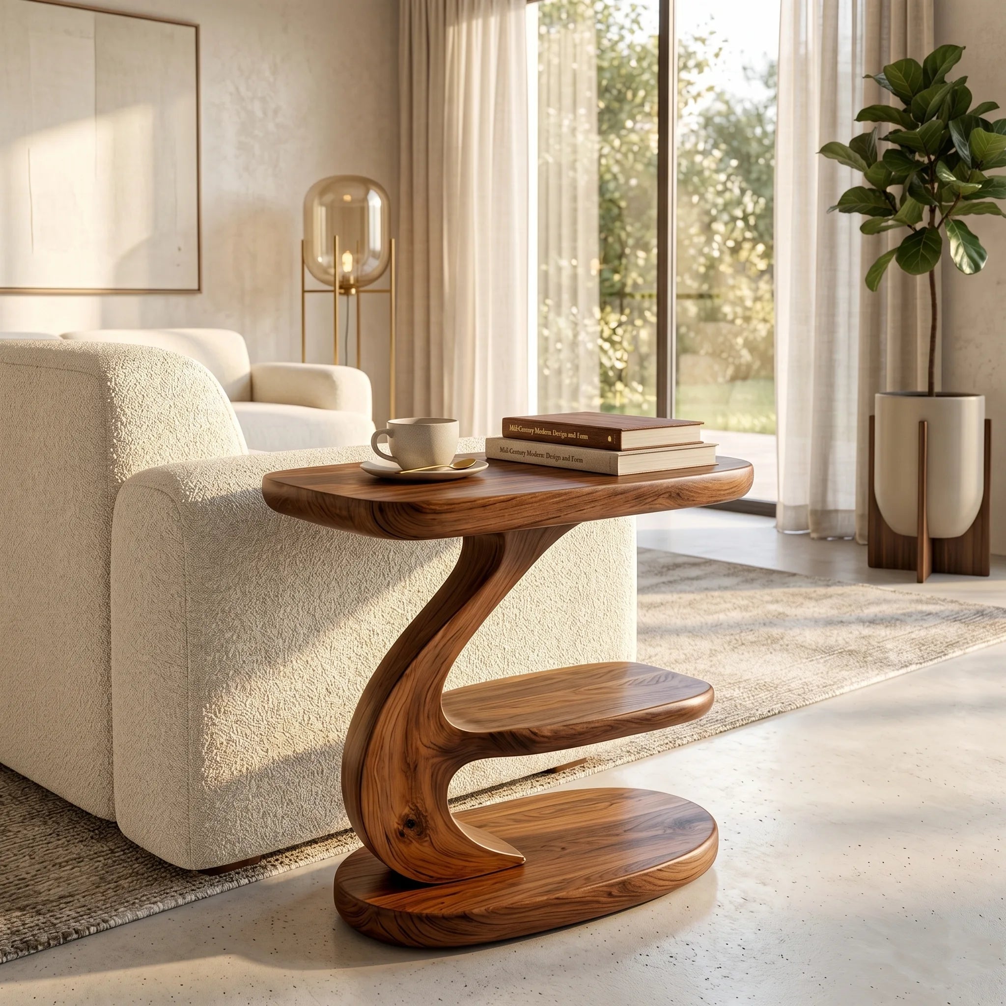 Modern Sculptural C-Shaped End Table with Multi-Level Storage TH003-7349