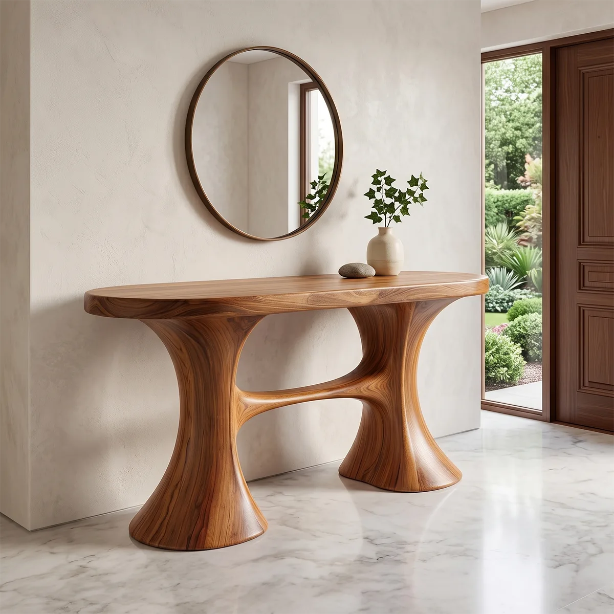 Modern Organic Console Table with Sculptural Double Pedestal Base – Contemporary Entryway Table TH003-1673