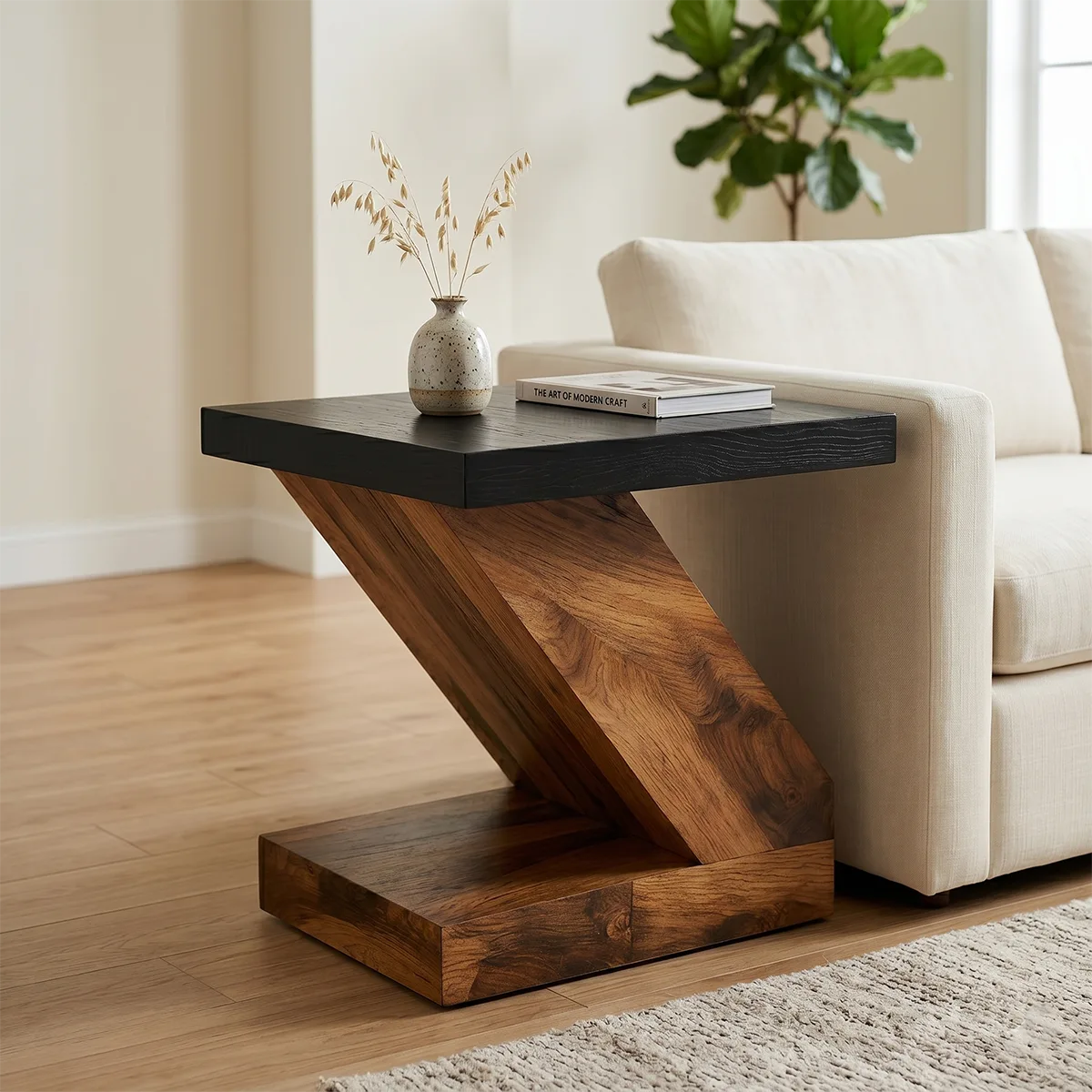 Modern Solid Wood End Table | Geometric Z-Shaped Side Table with Black Top TH003-2206