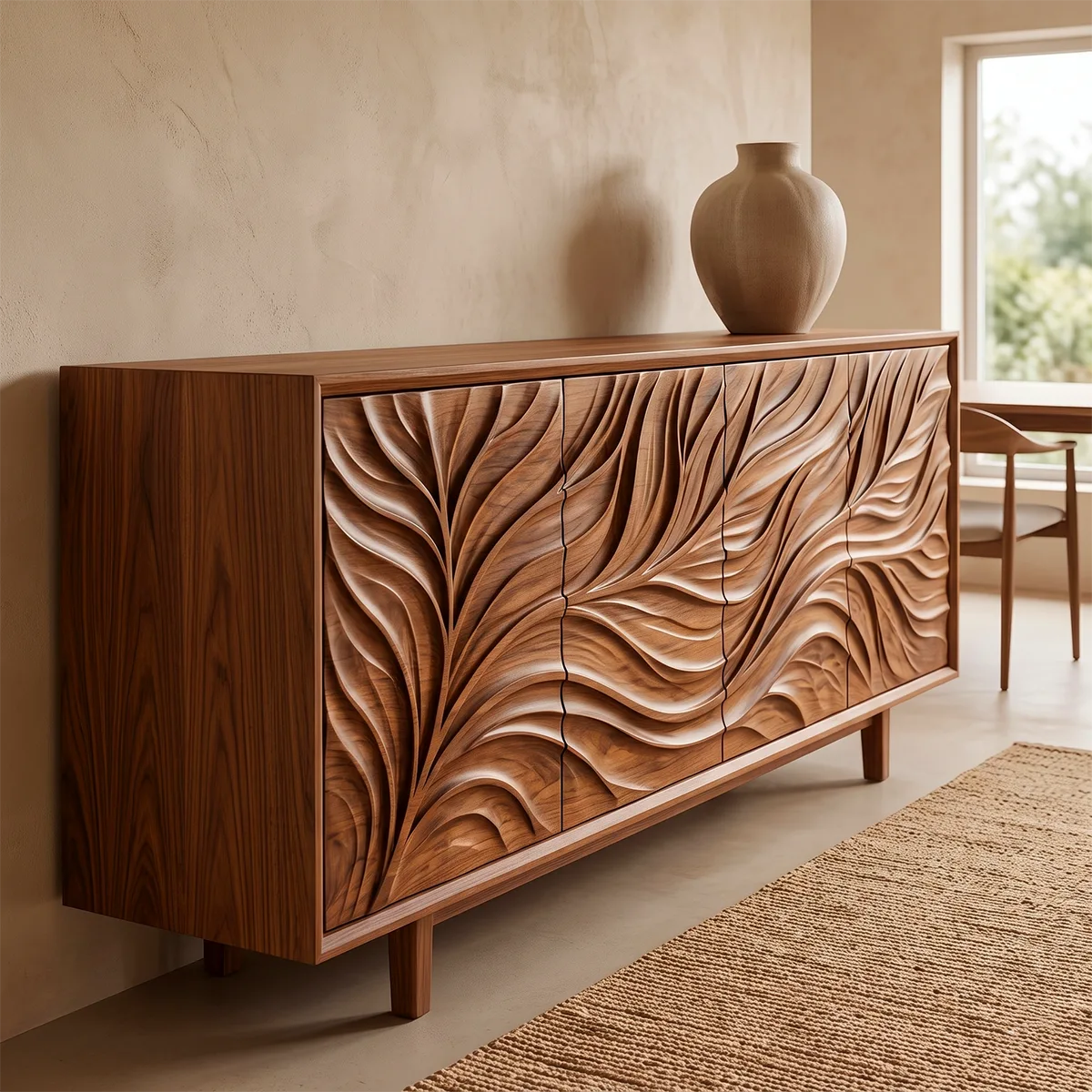 Leaf Carved Solid Wood Sideboard | Organic Modern Buffet Cabinet for Dining & Living Room TH003-7107