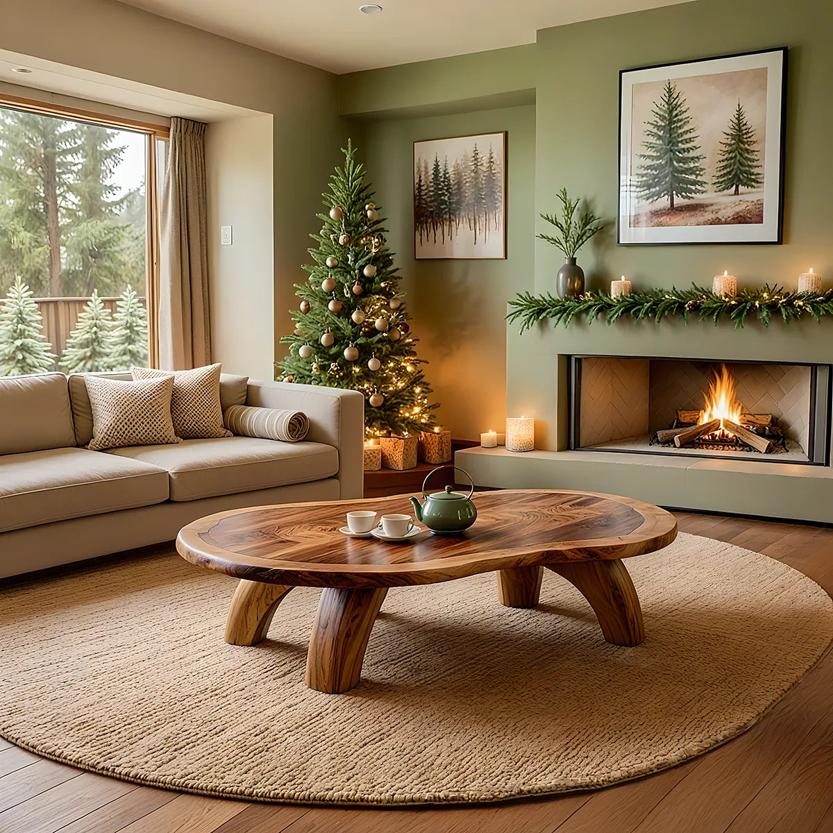 Modern Organic Round Coffee Table | Sculptural Solid Wood Low Coffee Table TH003-5070