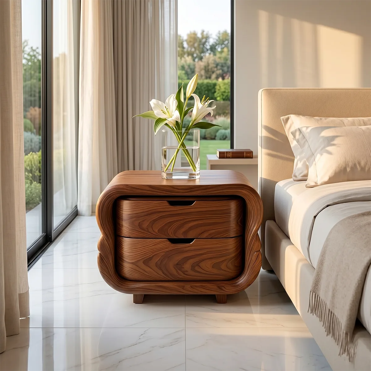 Modern Curved Nightstand | Sculptural 2 Drawer Bedside Table TH003-3504