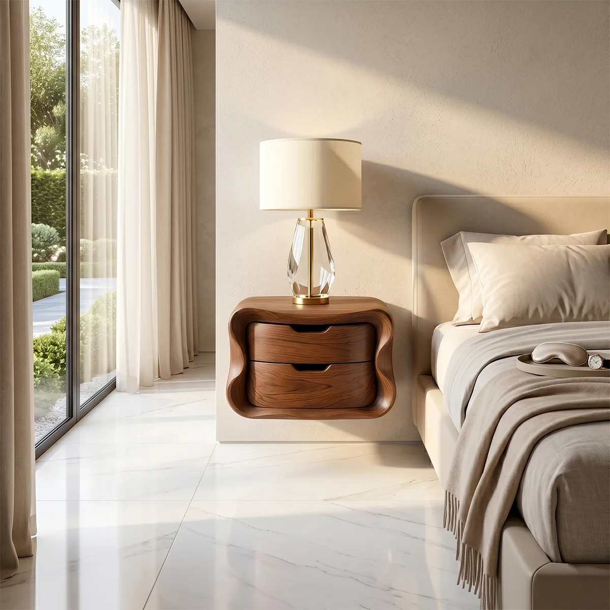 Floating Nightstand with 2 Drawers | Modern Curved Wall Mounted Bedside Table TH003-8175