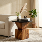 Modern Round Solid Wood End Table | Sculptural Pedestal Side Table with Black Top TH003-8718