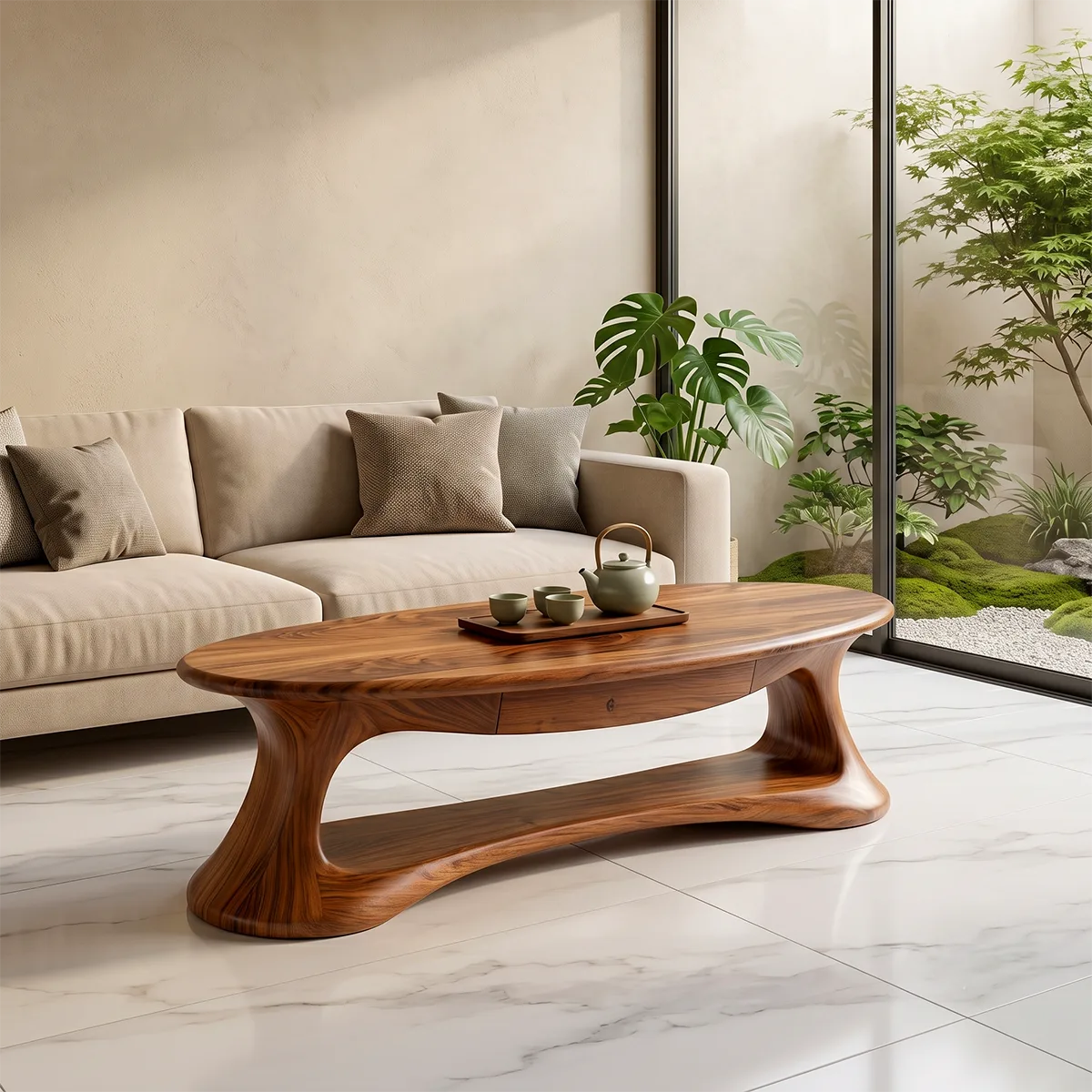 Modern Organic Coffee Table | Oval Coffee Table with Shelf for Living Room TH003-4419